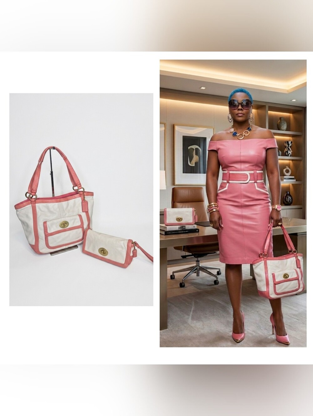 Coach Pink & White Two-Tone Leather Handbag Set EUC